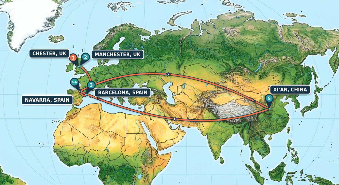 Map of Europe and Asia tracing my route: Chester and Manchester in the UK, Barcelona and Navarra in Spain, and Xi’an in China.